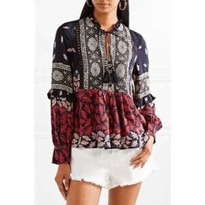 Sea New York Eloise Silk Printed Blouse 10 Navy Red Peasant Ruffle Long Sleeve